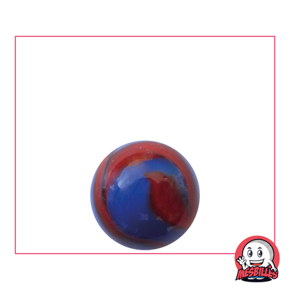 Murmeln Dino 16 mm, runde Glasmurmel, blickdicht blau mit roten Wellen auf der Oberfläche