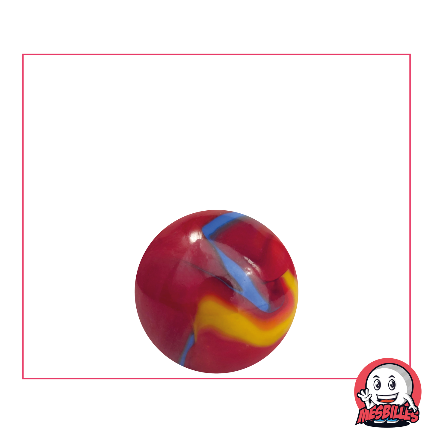 Murmeln Fiesta 16 mm rot mit blauen und gelben Streifen – MeineMurmeln