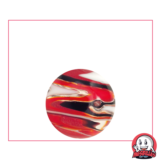 Bille d'art Flash Noir de 22mm, bille translucide avec zébrures noir, blanc et rouge, bille en verre