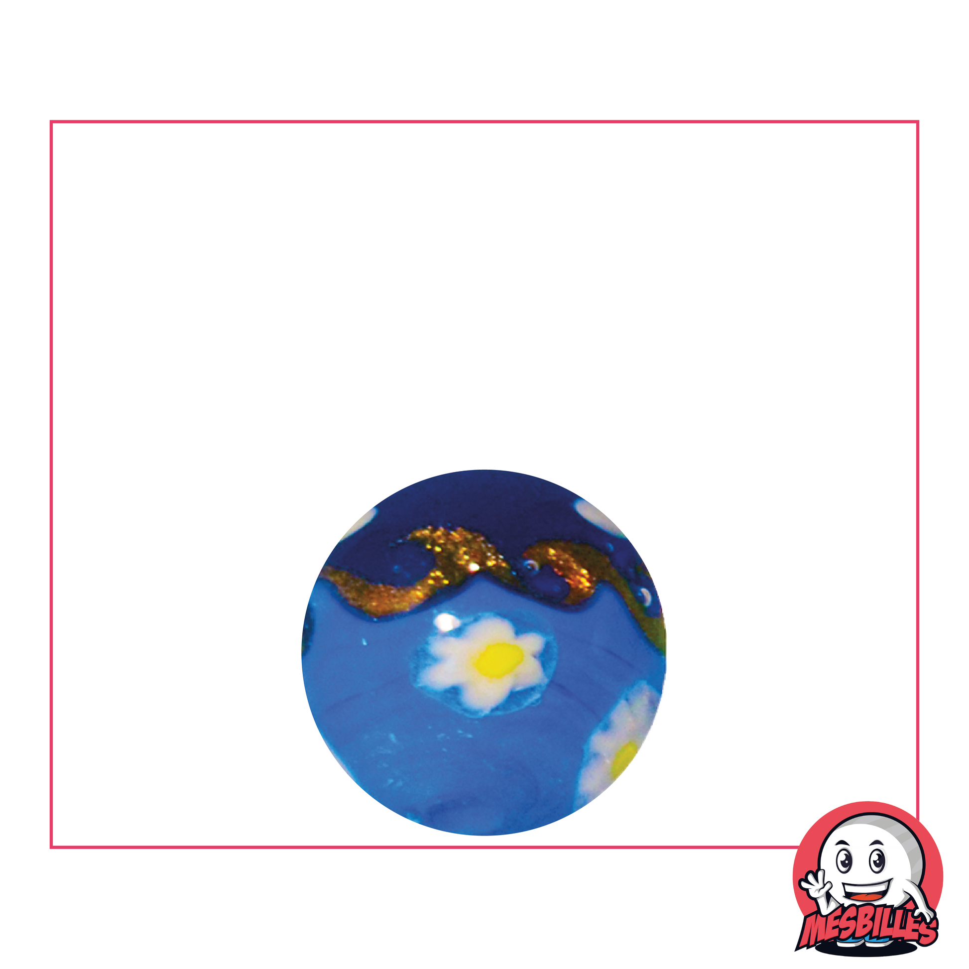 Luxusmurmel, Hokusai blau 16 mm, handgefertigte Murmel mit goldglitzernder Welle auf blauem Hintergrund