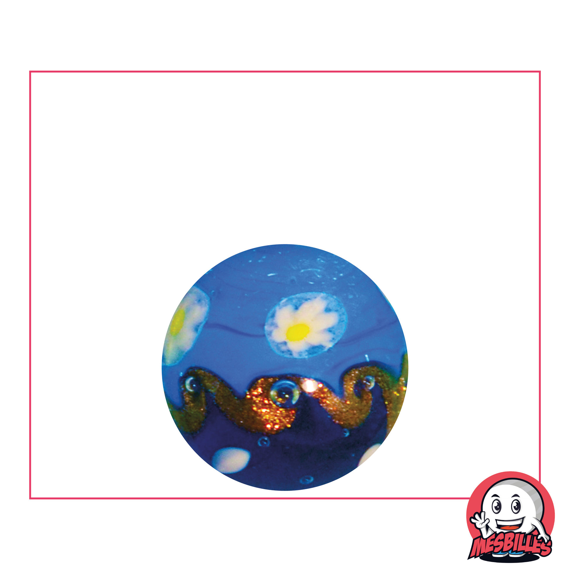 Kunstmurmel Hokusai 22 mm, handgefertigte Spezialmurmel, Darstellung einer blauen Welle und Glitzer