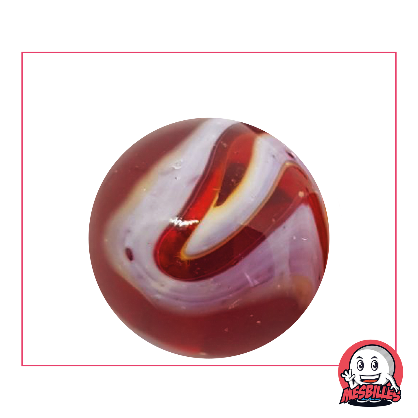 Bille Iguane de 35 mm : rouge transparent et liserets blancs en surface, pour amateurs de billes