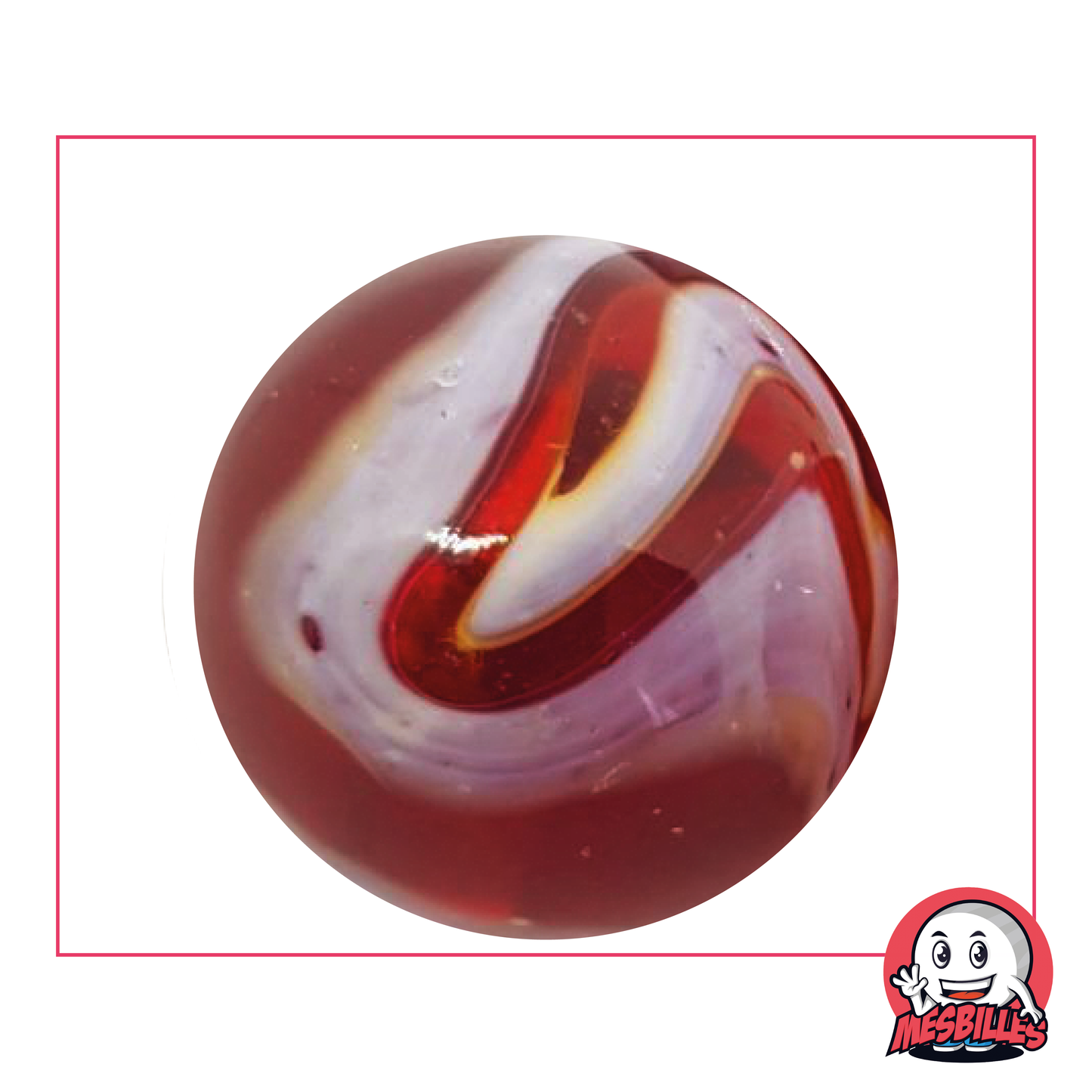 Murmeln „Iguana“ 42 mm aus dunkelrotem, transluzentem Glas mit weißen Wellen, Größe „Wal“