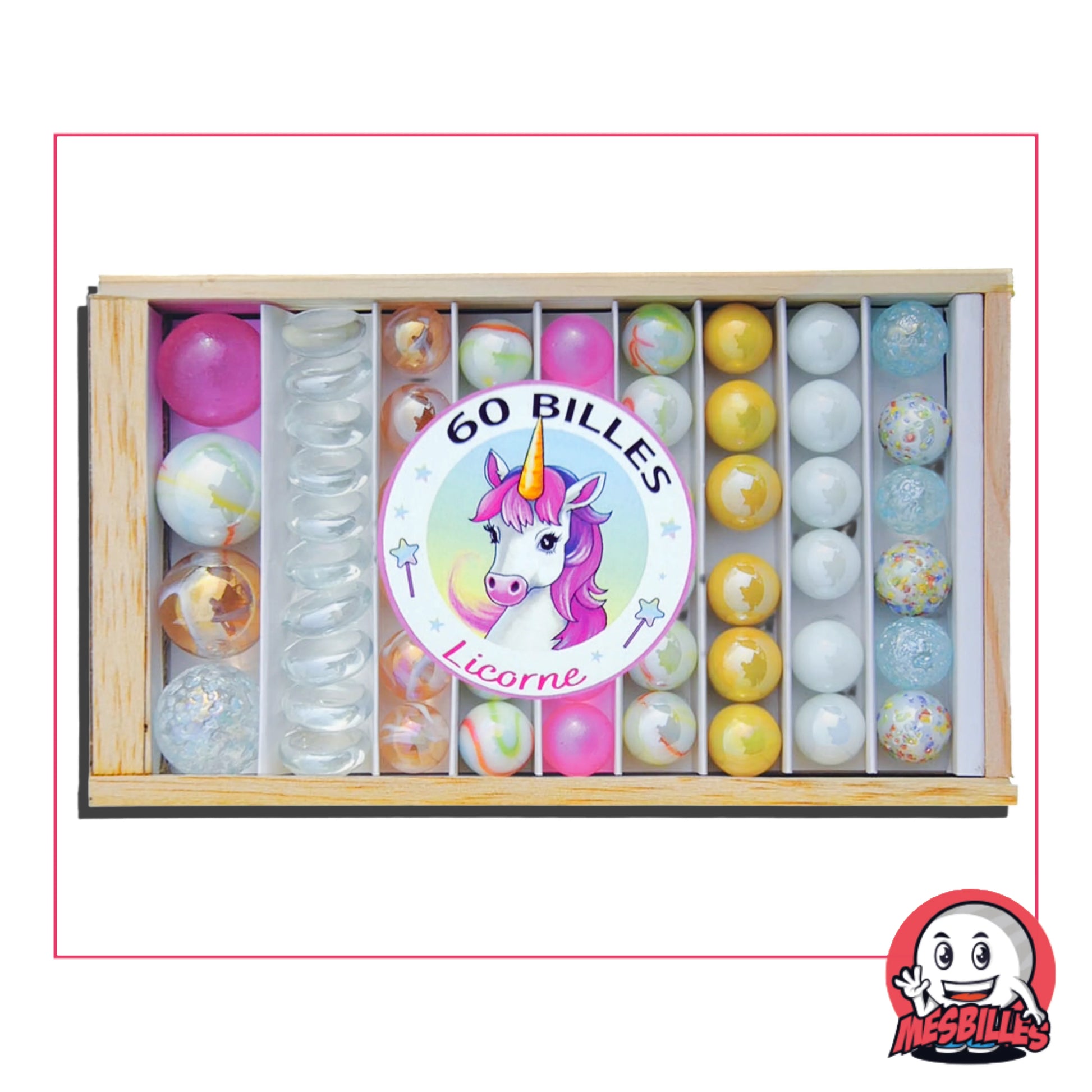 Coffret en bois Kim'Play par MesBilles, réunissant 60 billes au thème Licorne
