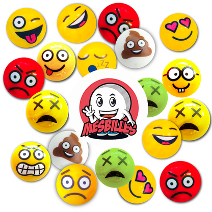 Cercle créatif de billes aux expressions variées représentant l’univers émotionnel complet de la collection MesBilles, autour du logo central