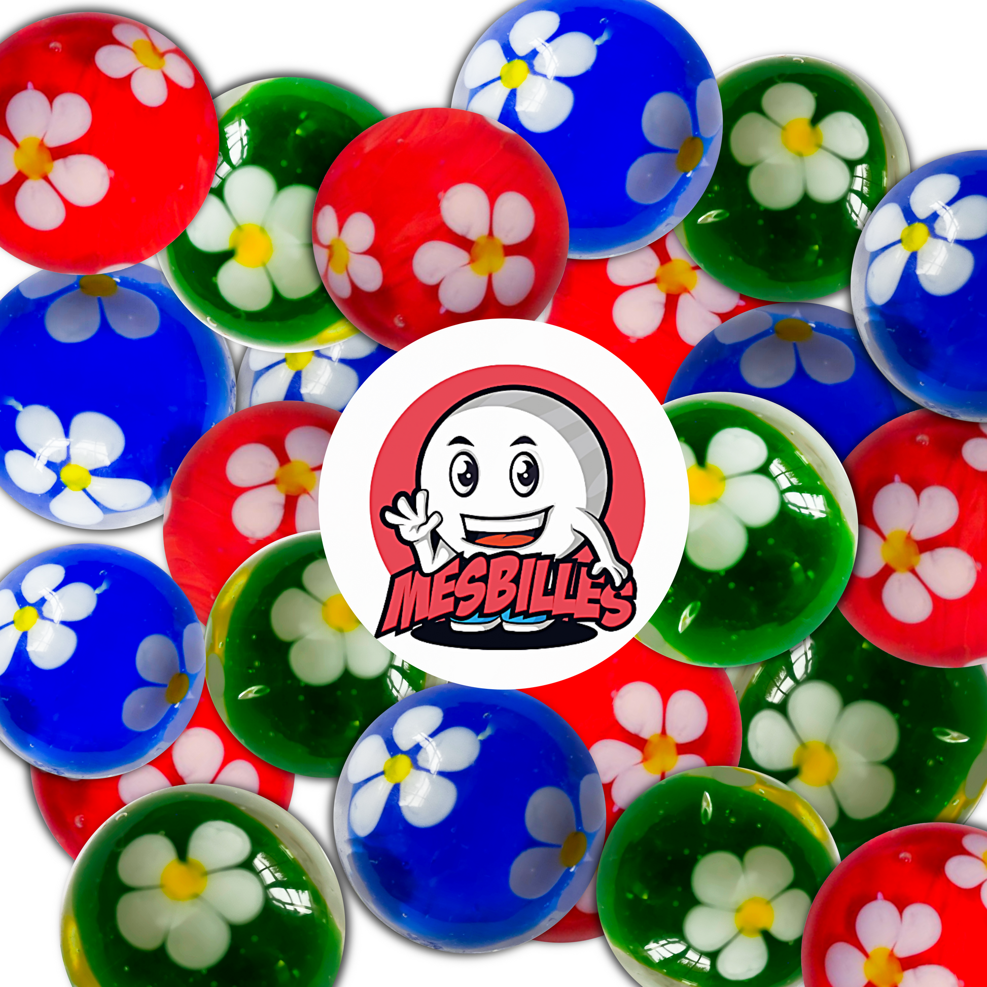 Handgefertigte rote, grüne und blaue Murmeln aus der Kollektion Jardin Enchanté, verziert mit weißen Blumen mit gelbem Herzen, um das Logo MeineMurmeln herum