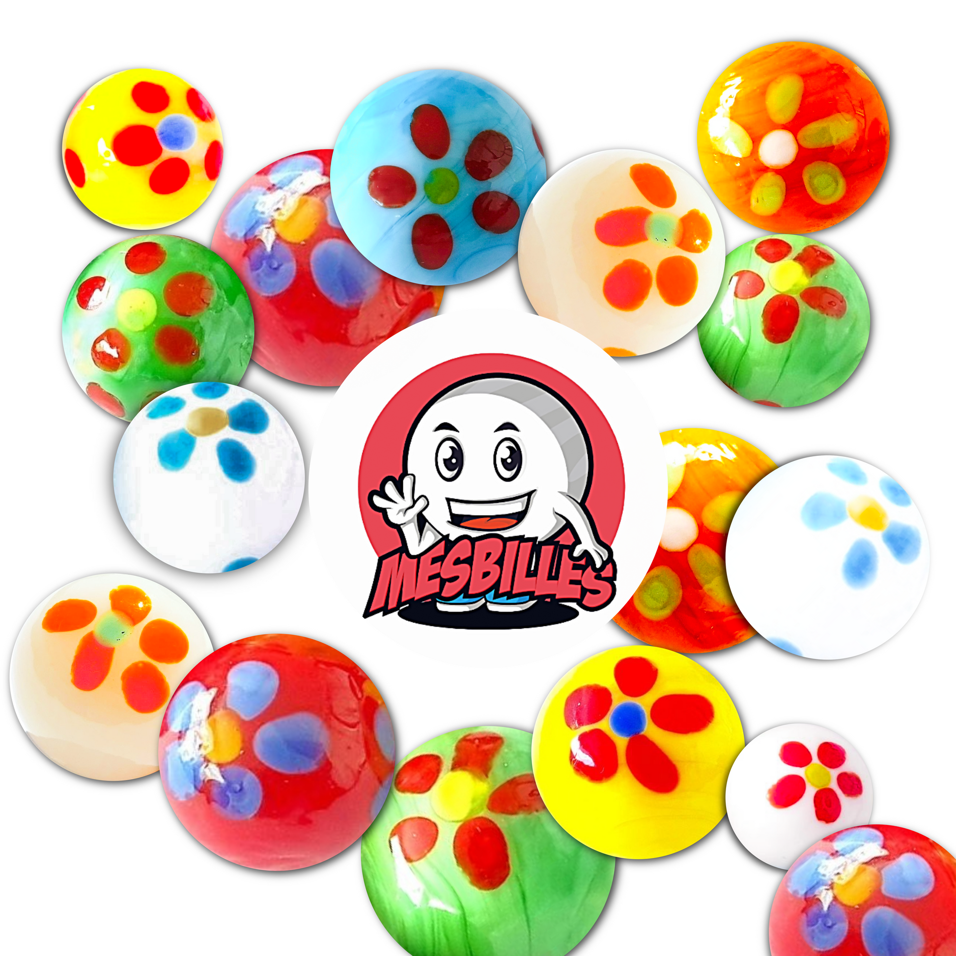 Billes Pâquerette Vertes 16 mm sont des billes d'art, de fabrication artisanale.