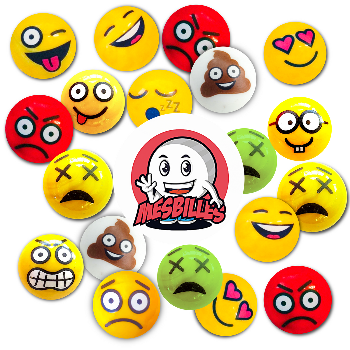 Vue d’ensemble colorée de la collection de billes smileys MesBilles : un arc-en-ciel d’émotions en verre, disposé autour du logo central