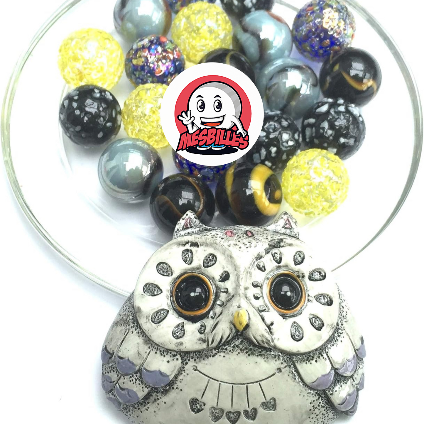 Un hibou gris tout en rondeur, 20 billes en verre éclatantes - MesBilles