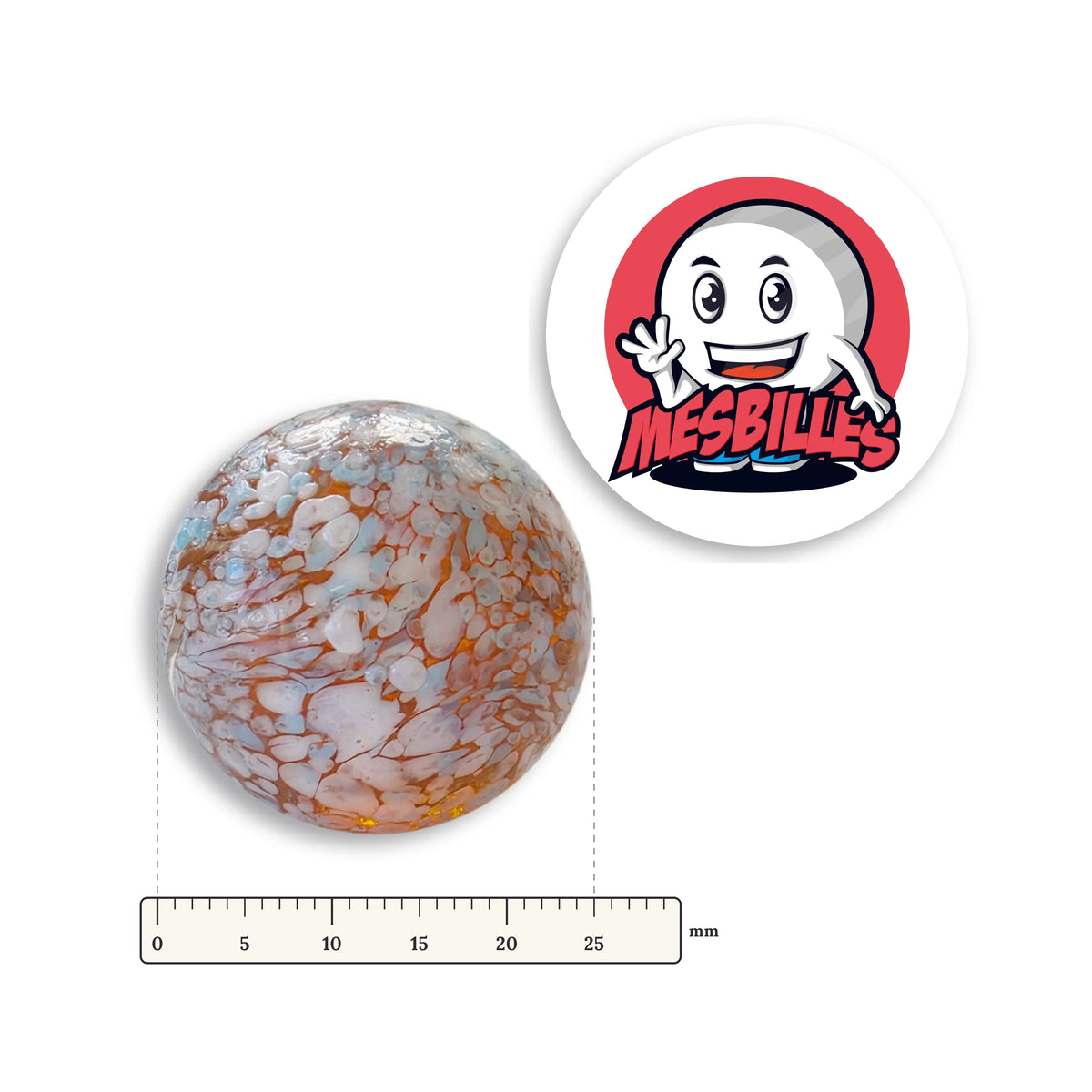Bille Ambre Mouchetée Blanc et Bleu 25 mm à côté d'une règle graduée, 25 mm de diamètre