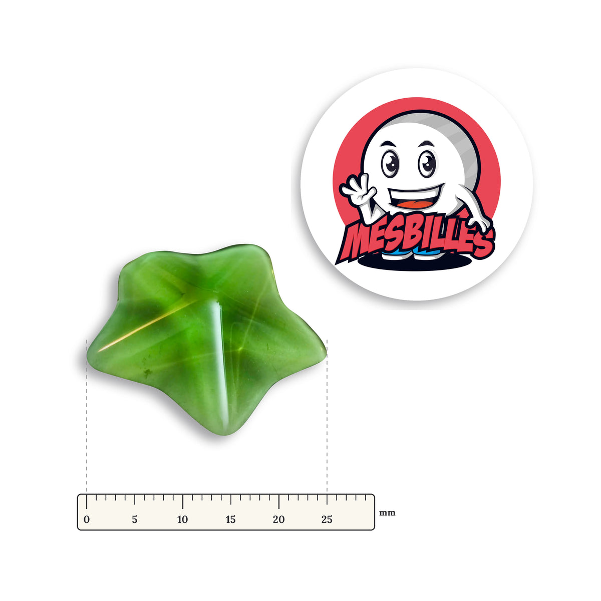 Bille Arapède Vert Extra-Plate à côté d'une règle graduée, 25 mm de grand diamètre