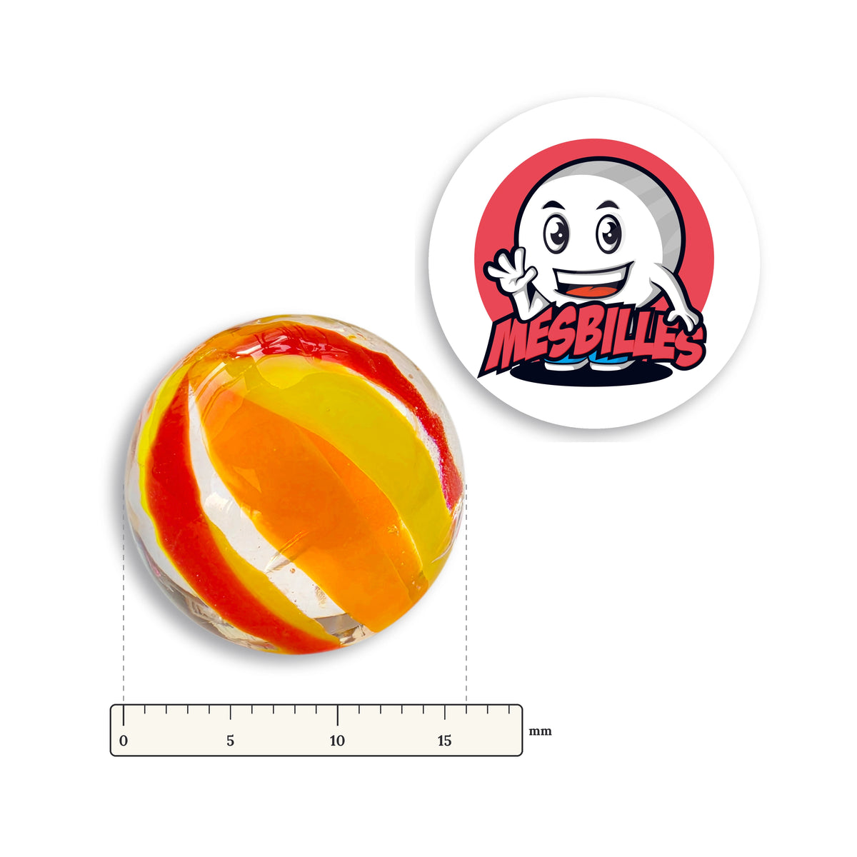Bille Art Ballon Rouge Jaune 16 mm à côté d’une règle graduée, 16 mm de diamètre