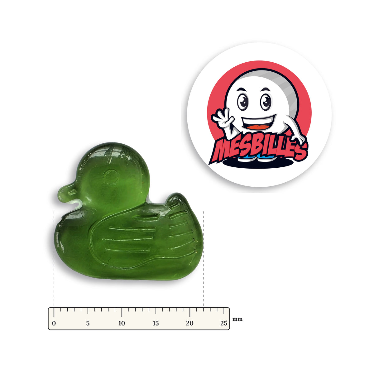 Bille Canard Vert Extra-Plate à côté d'une règle graduée, 22 mm de long