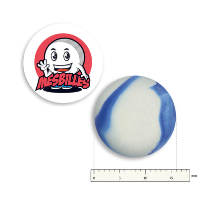 Bille Givrée Bleu à côté d'une règle graduée, 16 mm de diamètre