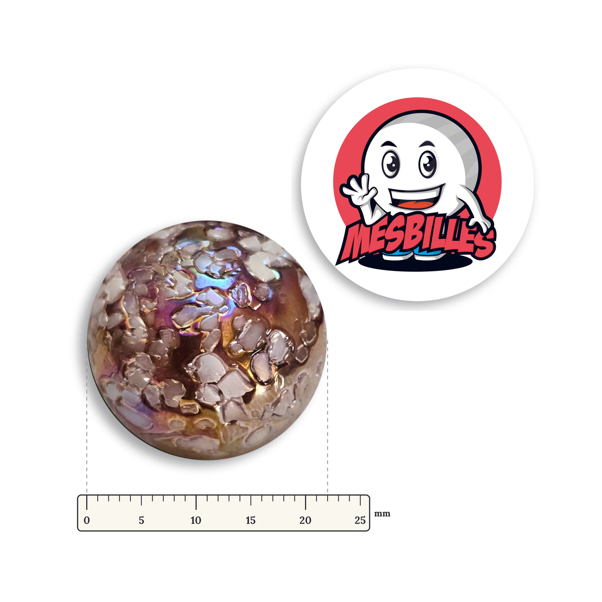 Bille Pépite YSES à côté d'une règle graduée, 22 mm de diamètre