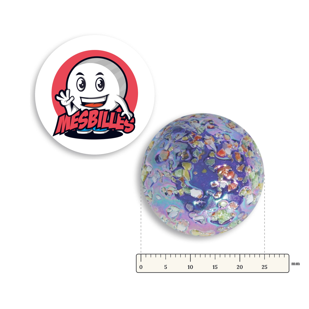 Bille Pépite étoile 25 mm à côté d'une règle graduée, 25 mm de diamètre