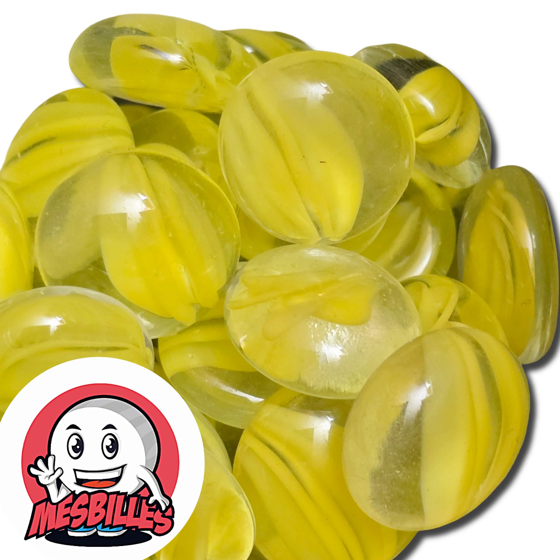 Dans la Grande Famille des Billes Froissé, il y a la Bille Plate en verre Translucide Strié de Couleur Jaune.