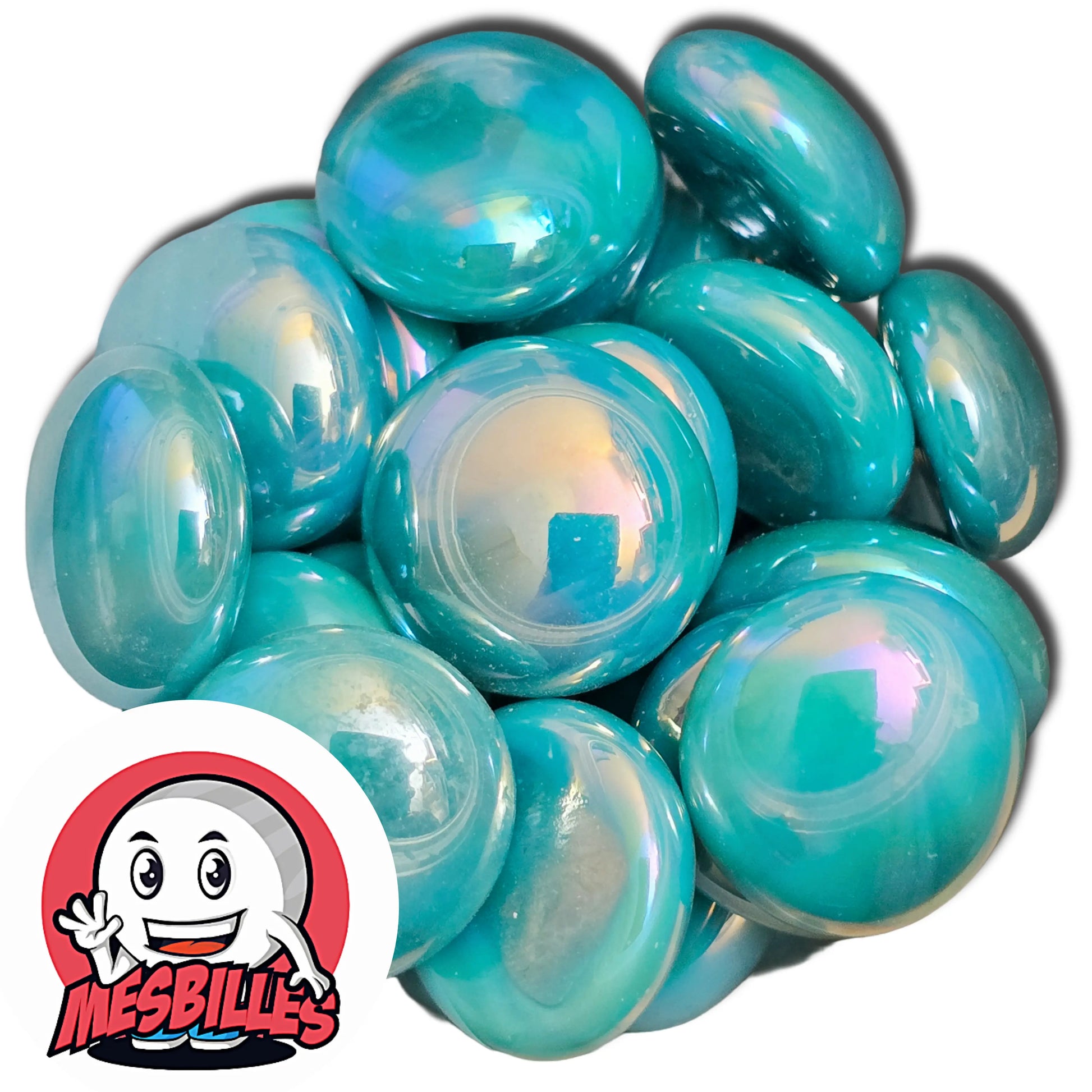 Dans la Grande Famille des Billes Glossy, il y a la Bille Plate en verre Opaque et Brillant de Couleur Bleu-Canard.