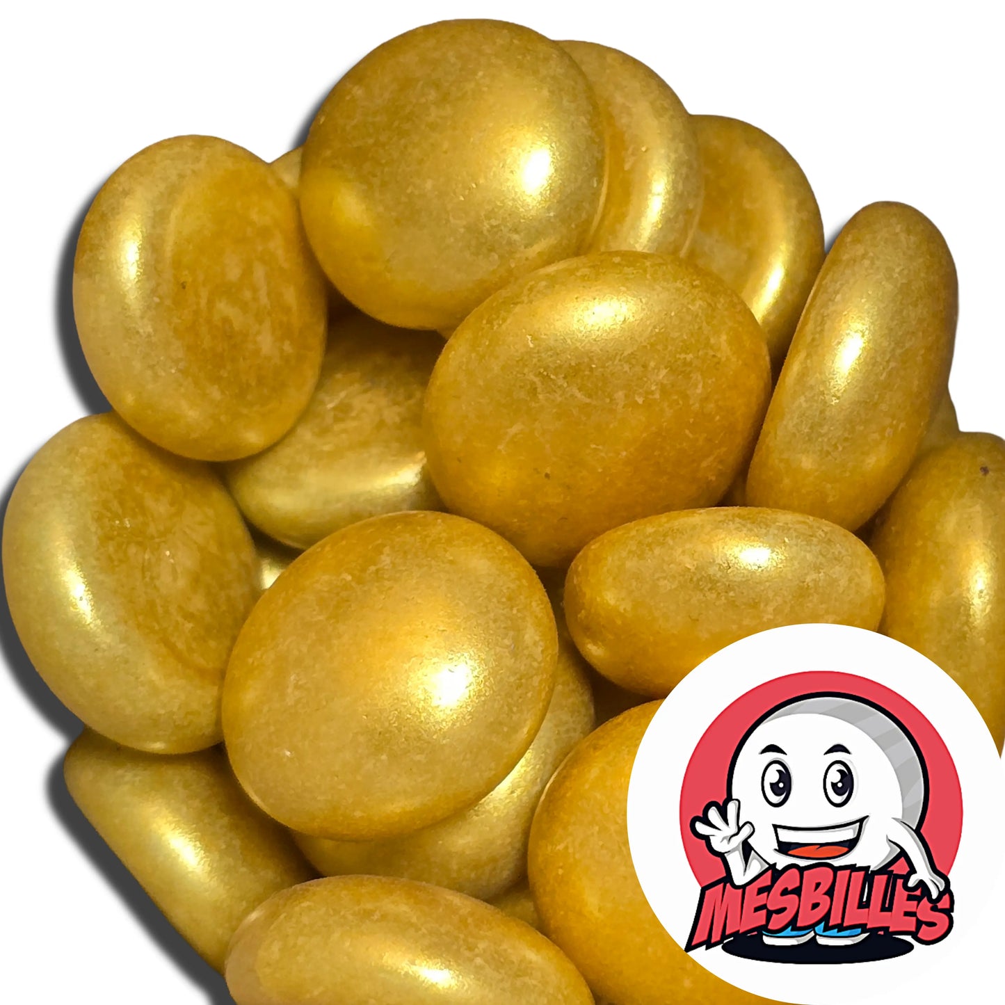 Dans la Grande Famille des Billes Métallisé, il y a la Bille Plate en verre avec un Revêtement Métallisé de Couleur Doré.