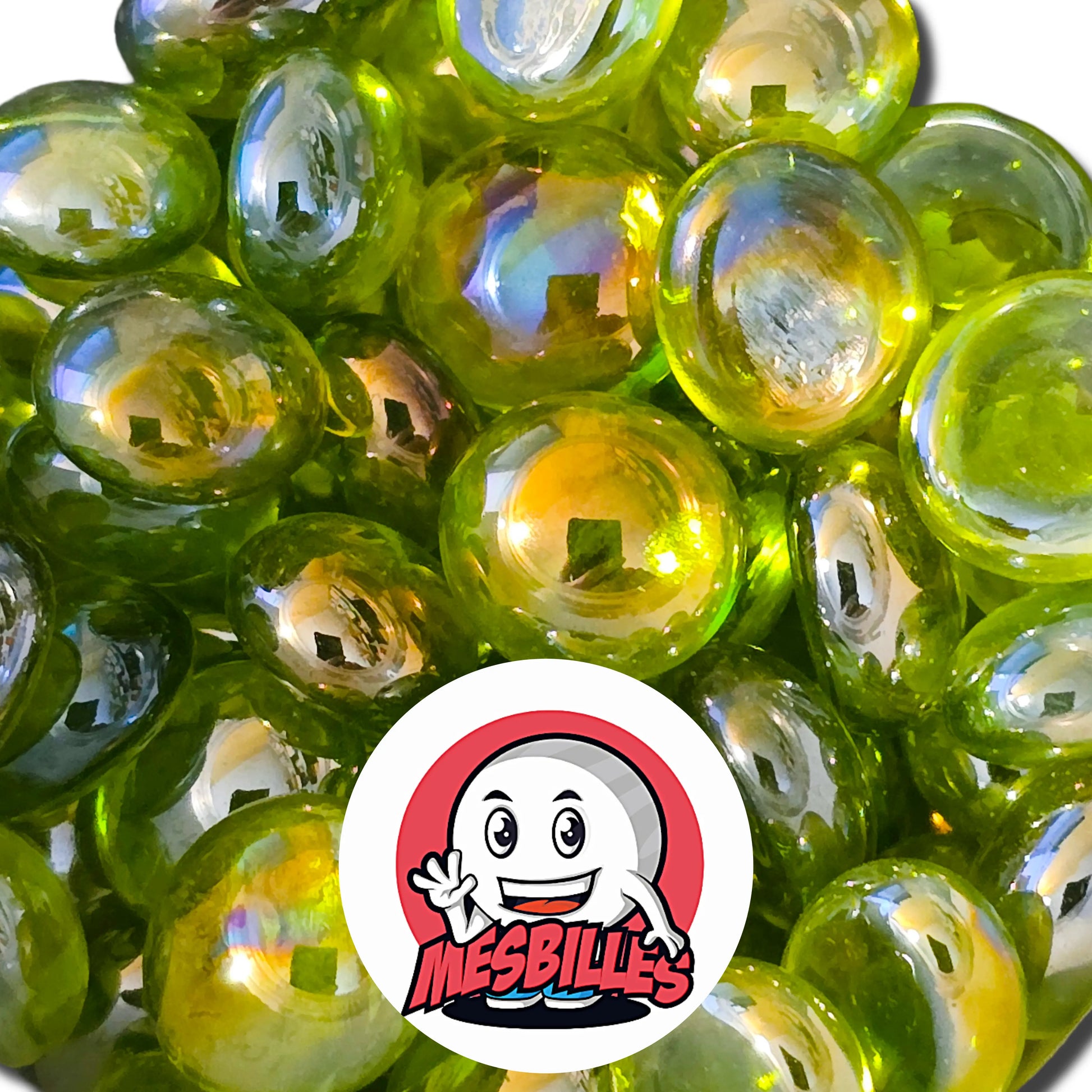 Pour Décorer, Jouer ou Collectionner, Les Petites Billes Plates Vert Jaune Irisée de MesBilles sont indispensables.