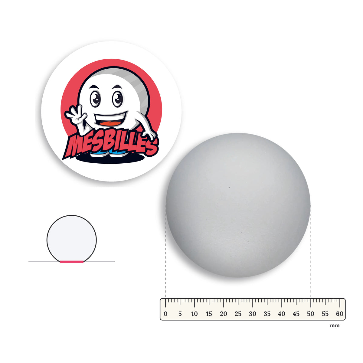 Grande bille Presse-Papiers Cristal Givrée Verre de Bohême 50 mm avec règle graduée et schéma du fond plat