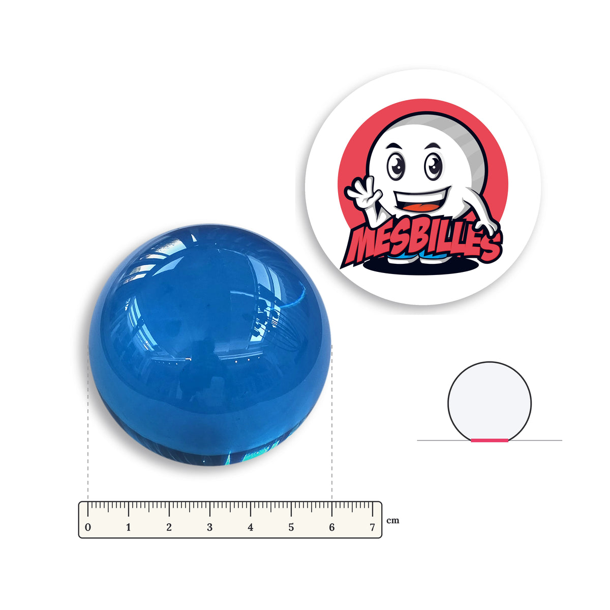 Grande bille Presse-Papiers Loupe Bleu Verre de Bohême 60 mm avec règle graduée et schéma du fond plat