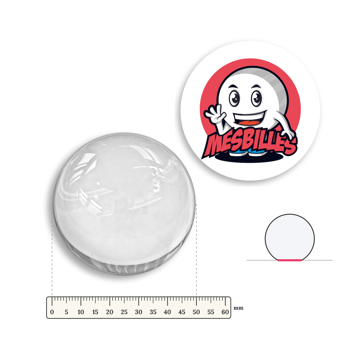 Grande bille Presse-Papiers Loupe Cristal Verre de Bohême 50 mm avec règle graduée et schéma du fond plat
