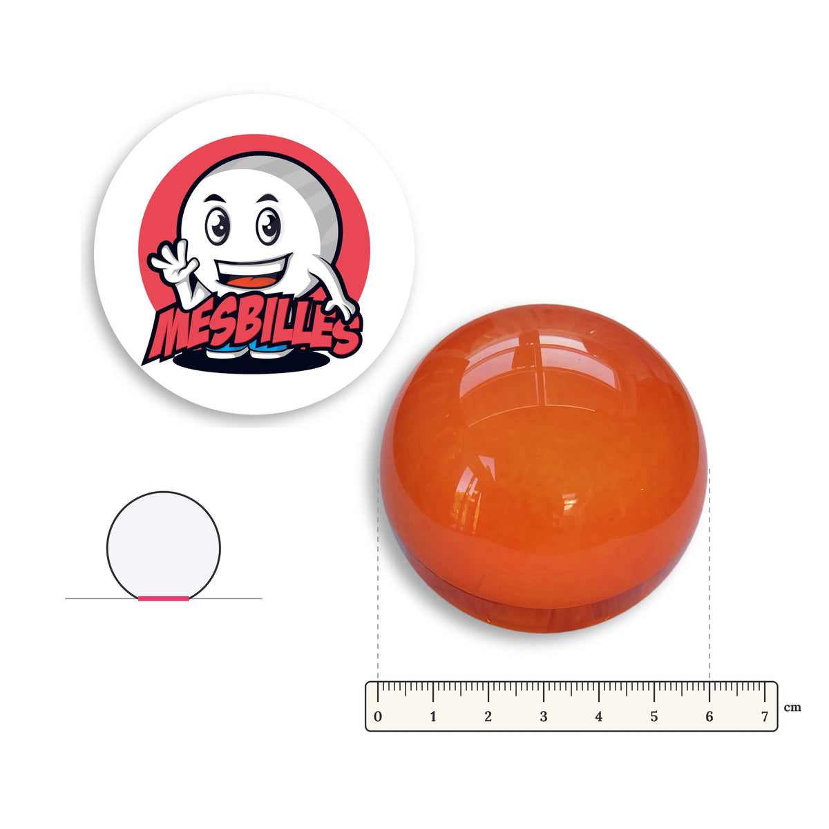 Grande bille Presse-Papiers Loupe Orange Verre de Bohême 60 mm avec règle graduée et schéma du fond plat
