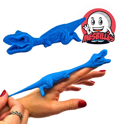 Gros plan sur le T-Rex bleu extensible, jouet interactif à étirer et lancer, inclus avec 52 billes assorties – MesBilles