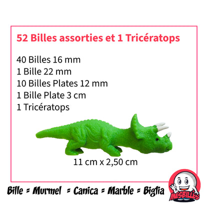 Contenu du filet de billes : 52 billes assorties et 1 Tricératops vert extensible – tailles de billes variées et figurine ludique MesBilles