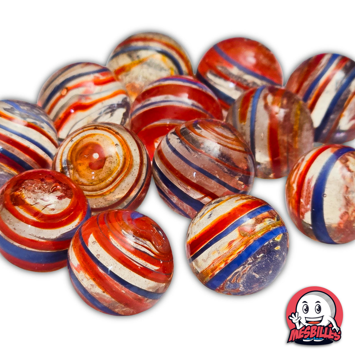 Lot de billes Cyclone Rouge et Bleu 16 mm KimPlay Collector translucides avec rayures rouges bleues et blanches