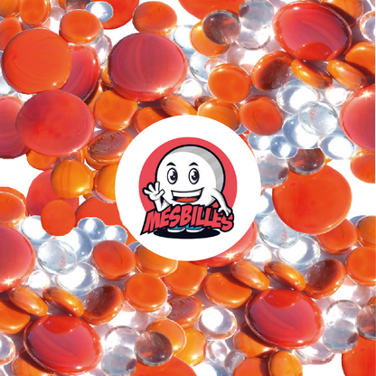 Mascotte MesBilles - Billes Plates orange et cristal, transparentes et opaques brillantes, 12mm-30mm