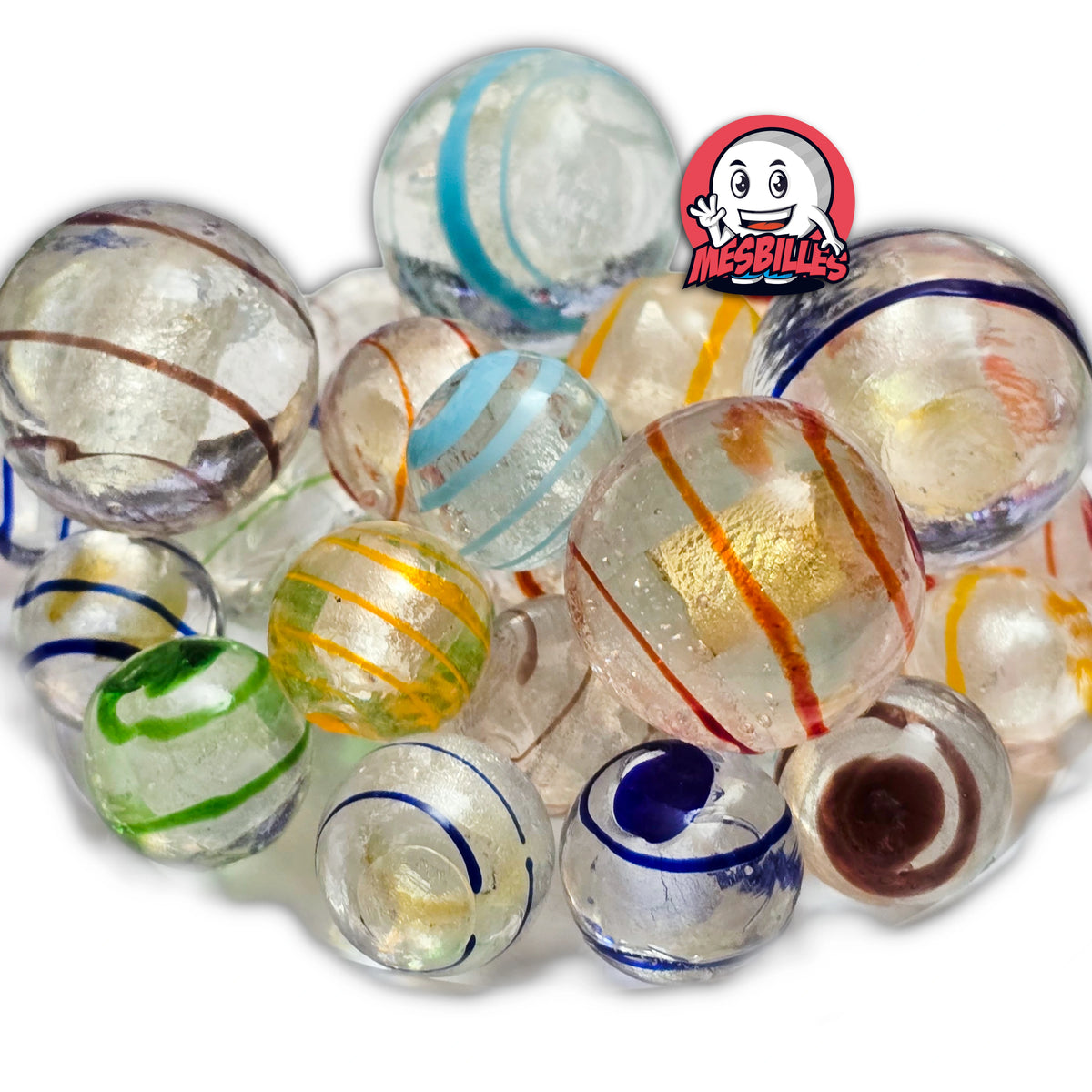 Ensemble de Billes entourées de billes multi-couleurs en 16 mm et 25 mm :  Calot Tourbillon Bleu 25 mm KimPlay Collector avec spirales bleu profond dans verre transparent