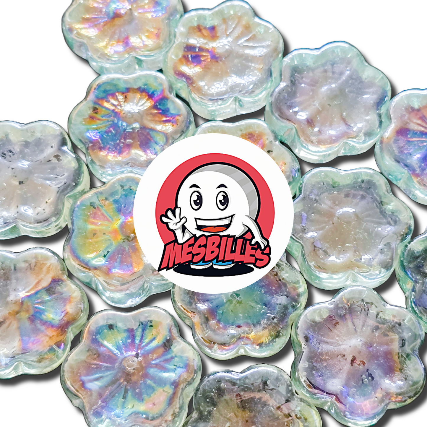 Vue rapprochée d’un assortiment de billes Fleur Cosmos Cristal 2,5 cm, en verre translucide irisé, autour du logo MesBilles.
