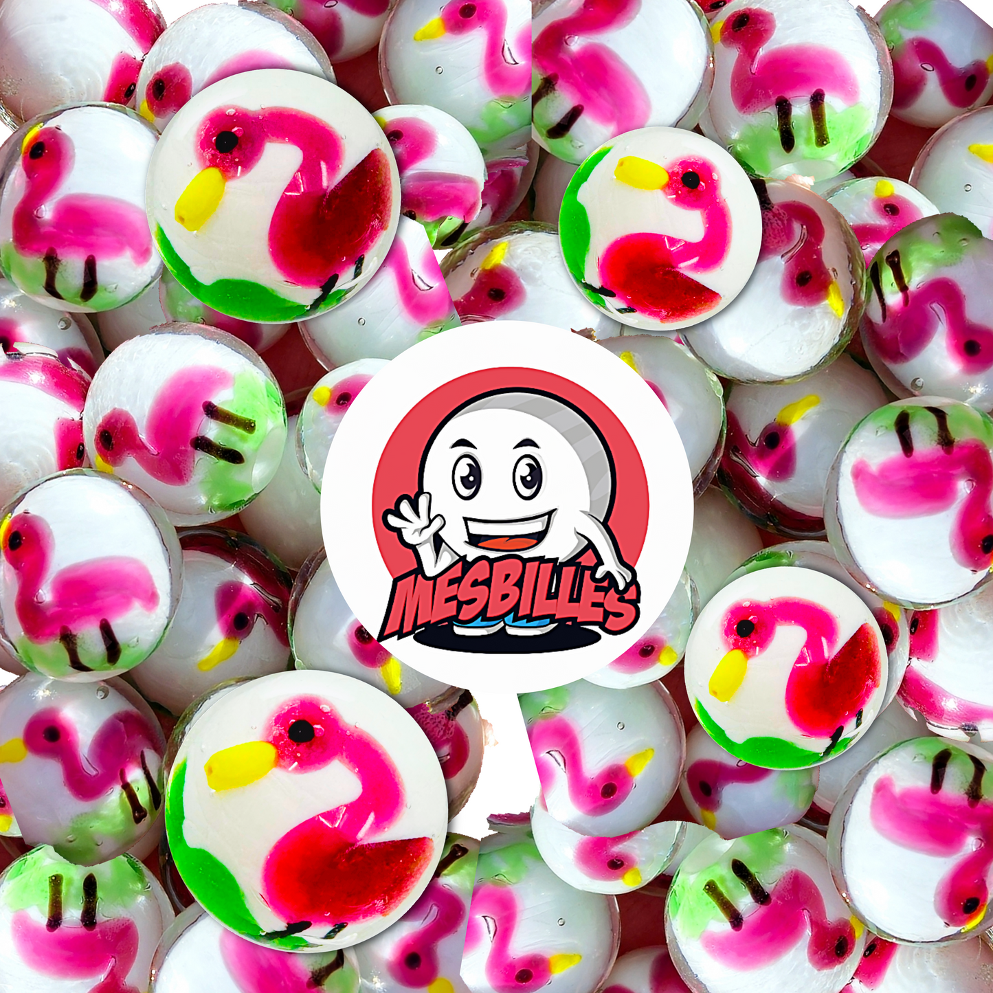 Maskottchen MeineMurmeln auf 16 mm großen dekorativen Glasmurmel in Flamingo