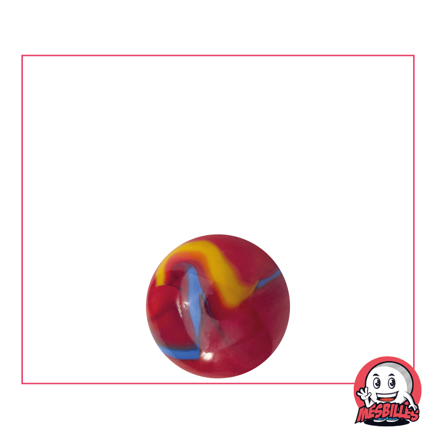 Murmeln Fiesta 14 mm rot mit blauen und gelben Streifen – MeineMurmeln
