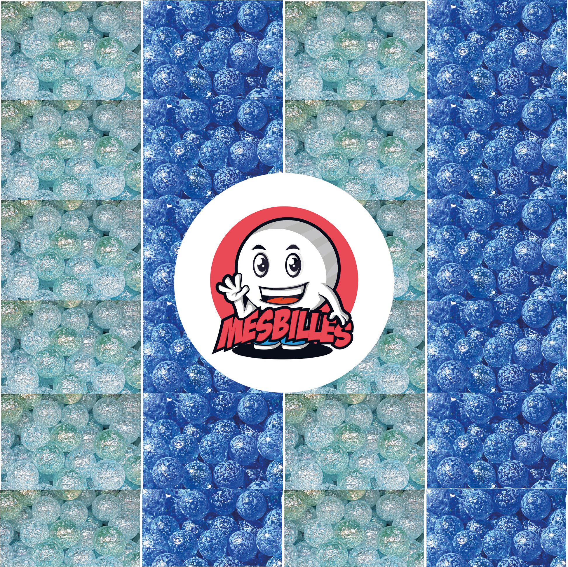 Image de la Mascotte MesBilles entourée de Billes Pépite en verre translucide avec éclats bleu 42 mm