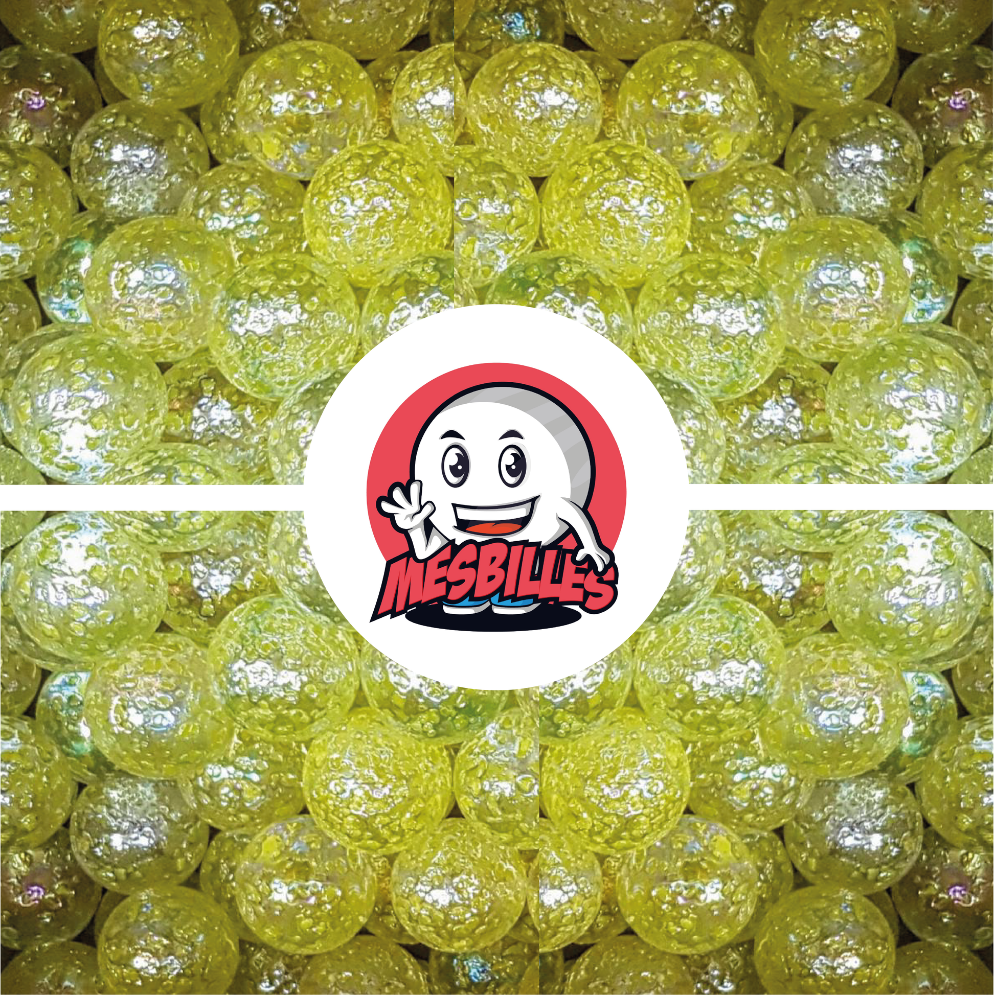 Bild des Maskottchens MeineMurmeln umgeben von Murmeln aus transluzentem Glas mit gelben Splitter 16 mm