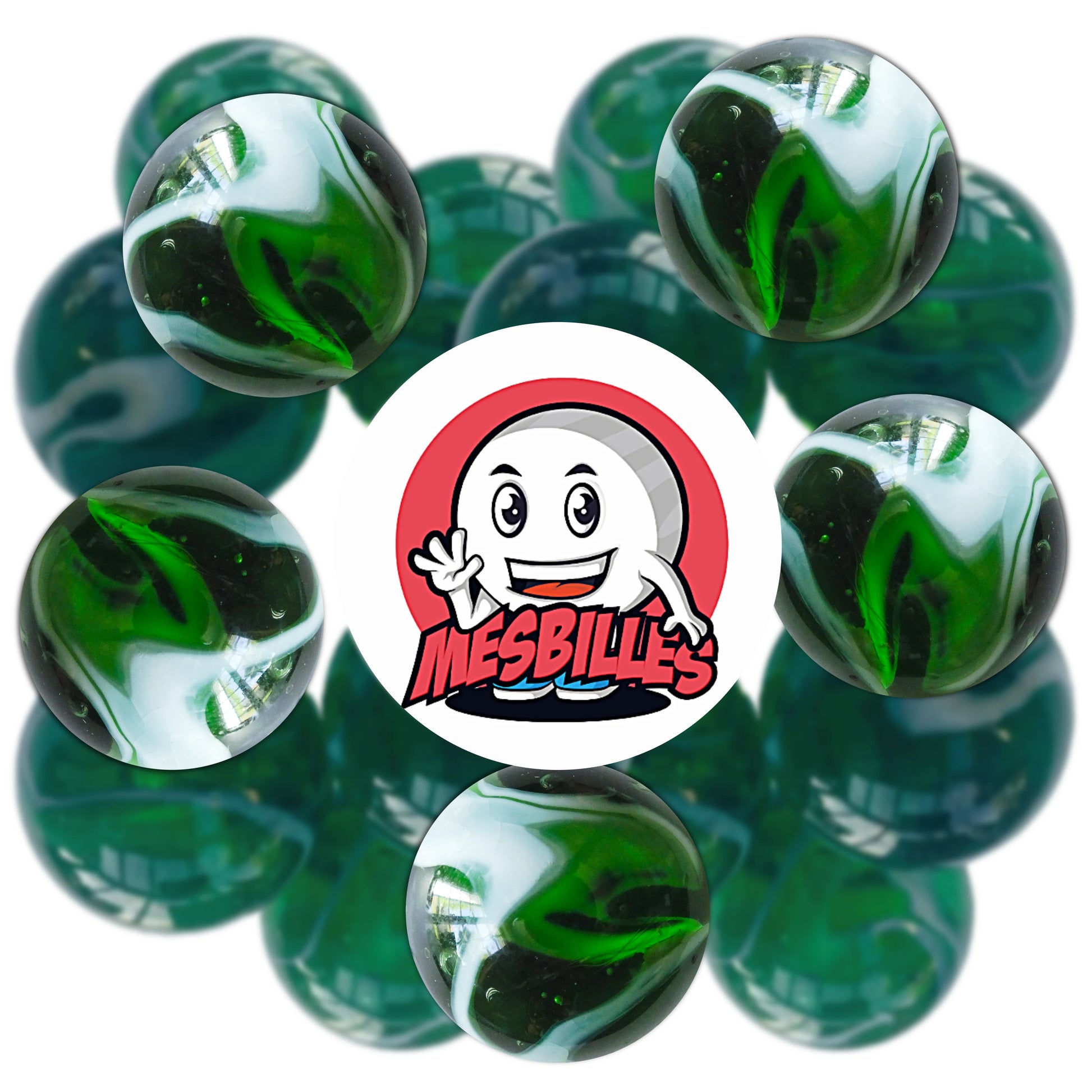 Plusieurs billes Algue 22 mm vertes et blanches, aux motifs fluides inspirés de la mer, parfaites pour collection ou jeux de billes