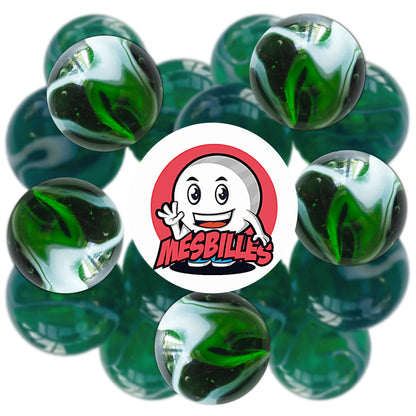 Plusieurs billes Algue 22 mm vertes et blanches, aux motifs fluides inspirés de la mer, parfaites pour collection ou jeux de billes