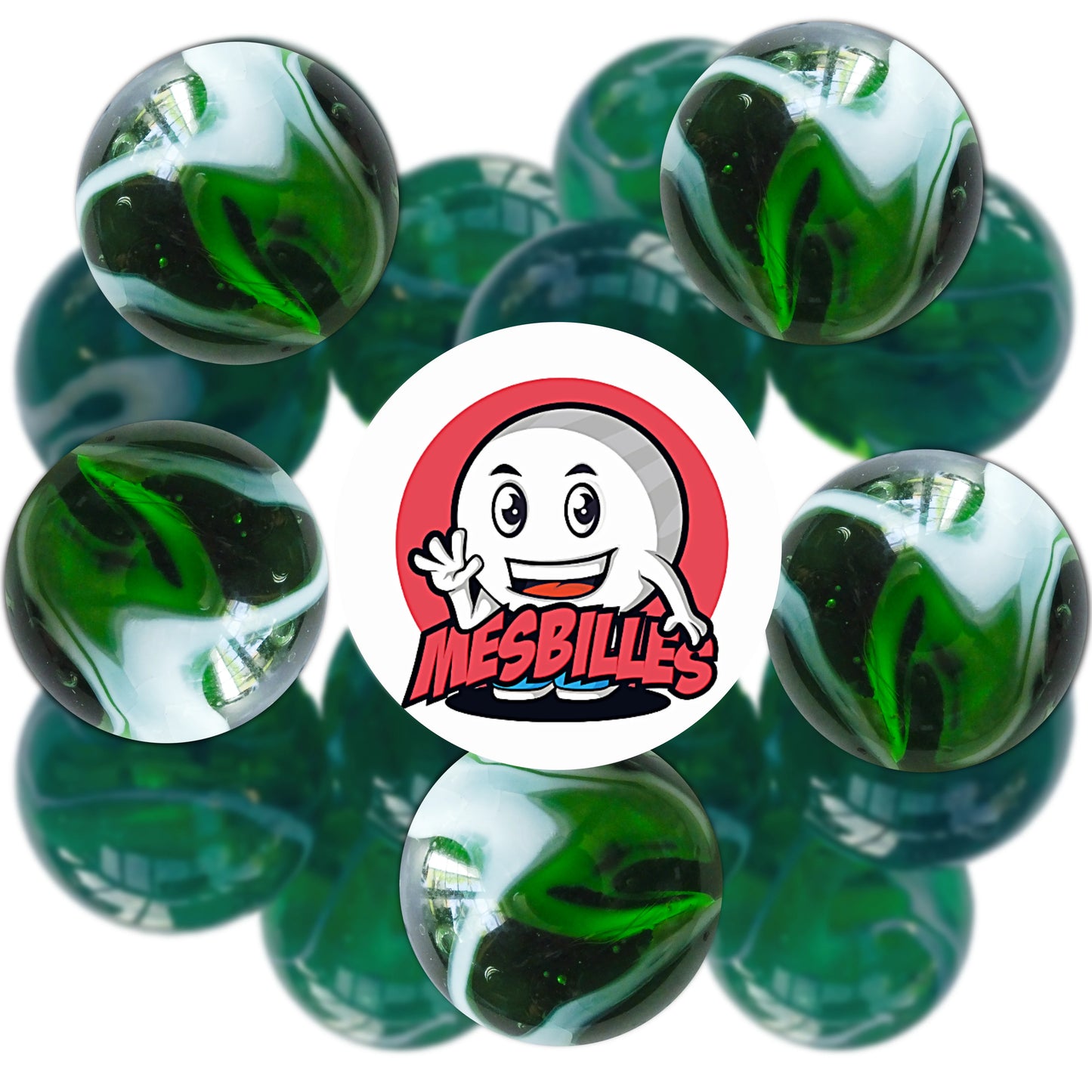 Billes Algue 25 mm vertes et blanches, aux ondulations inspirées des mouvements marins, parfaites pour collection ou jeux de billes