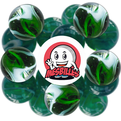 Billes Algue 25 mm vertes et blanches, aux ondulations inspirées des mouvements marins, parfaites pour collection ou jeux de billes