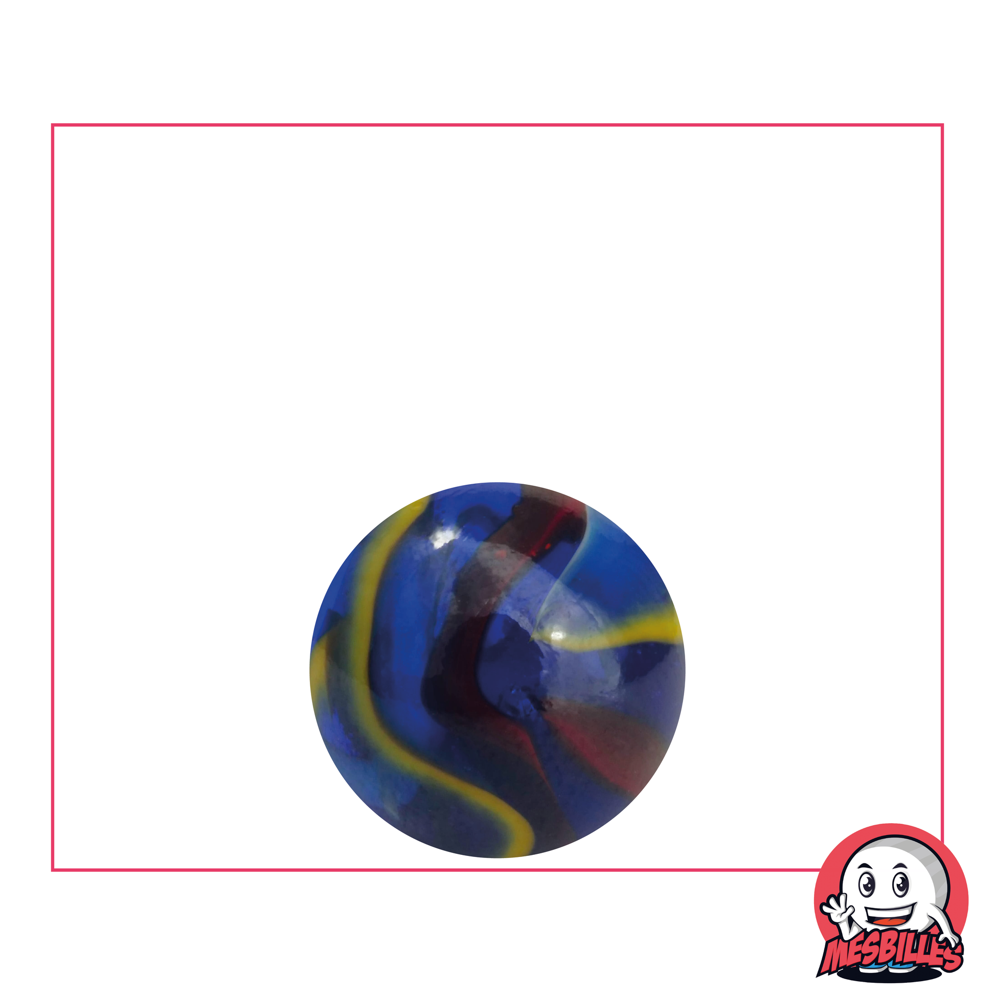 Murmeln Michelangelo 16 mm aus blauem Glas, mit roten, weißen und gelben Streifen - MeineMurmeln