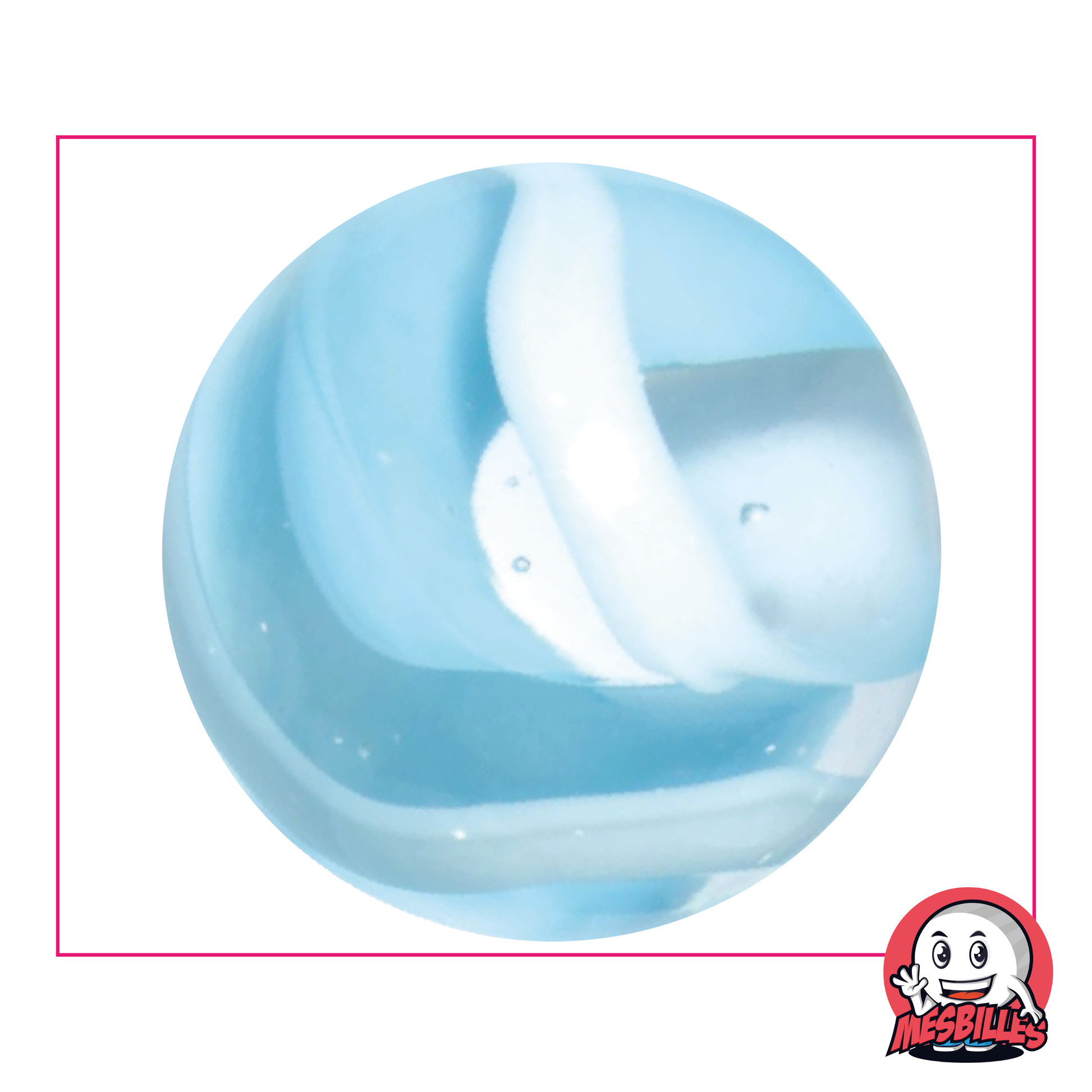 Bille Neige 50 mm couleur cristal traversée de blanc et bleu clair, grosse bille très grande taille