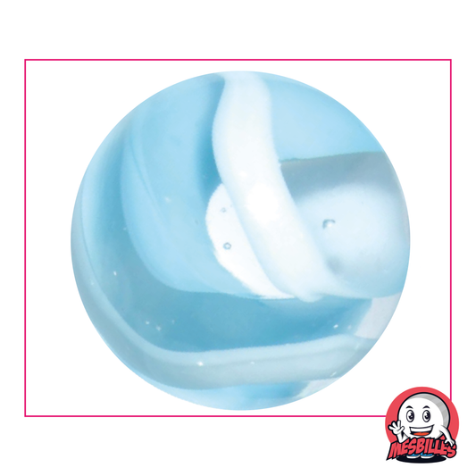 Bille Neige 50 mm couleur cristal traversée de blanc et bleu clair, grosse bille très grande taille