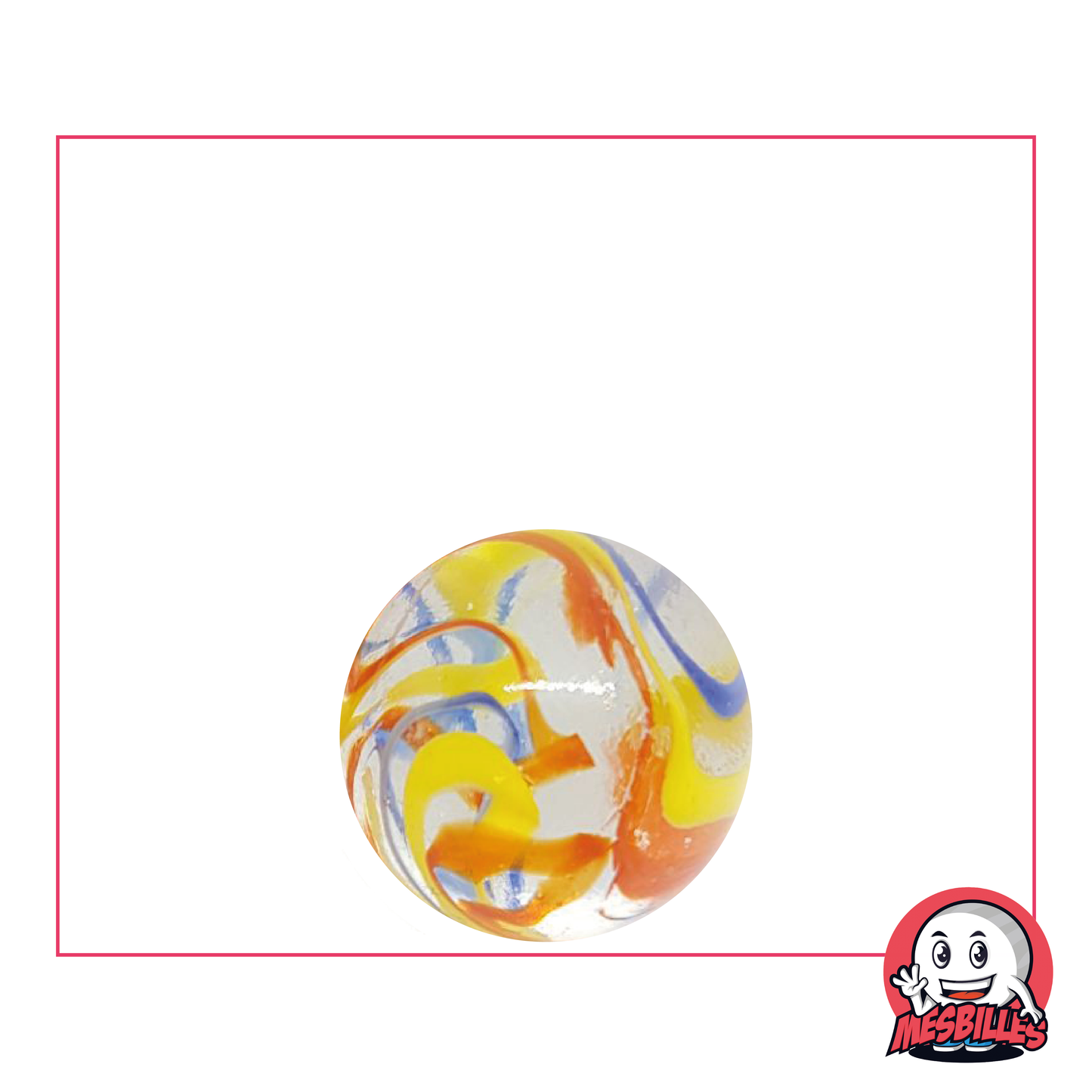 Papageienmurmel 16 mm, runde Murmel aus transluzentem Glas in Kristallfarbe mit blauen, gelben und orangefarbenen Streifen