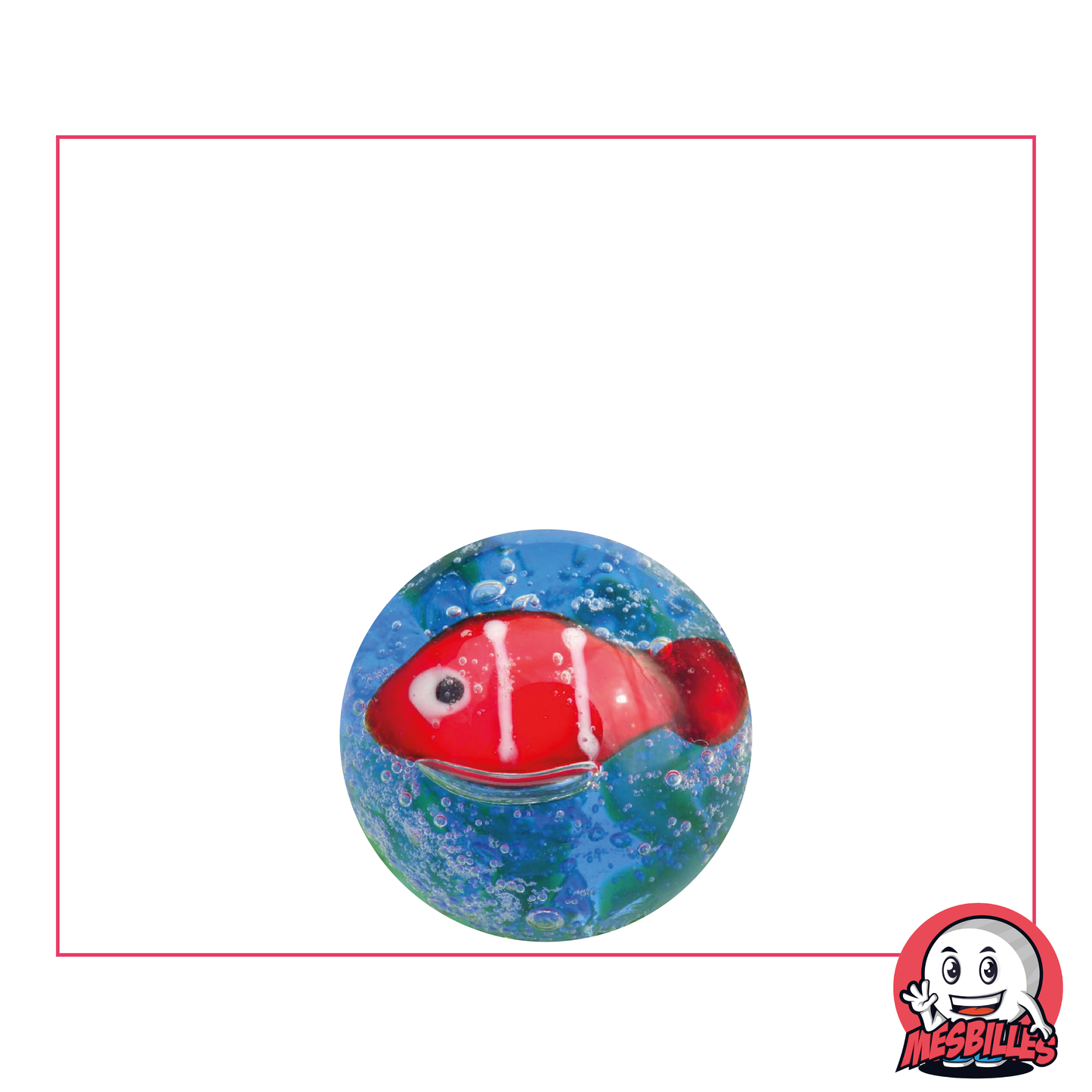 Bille Art Poisson Rouge 16 mm, avec des couleurs bleu et vert de la mer et un poisson rouge dessiné