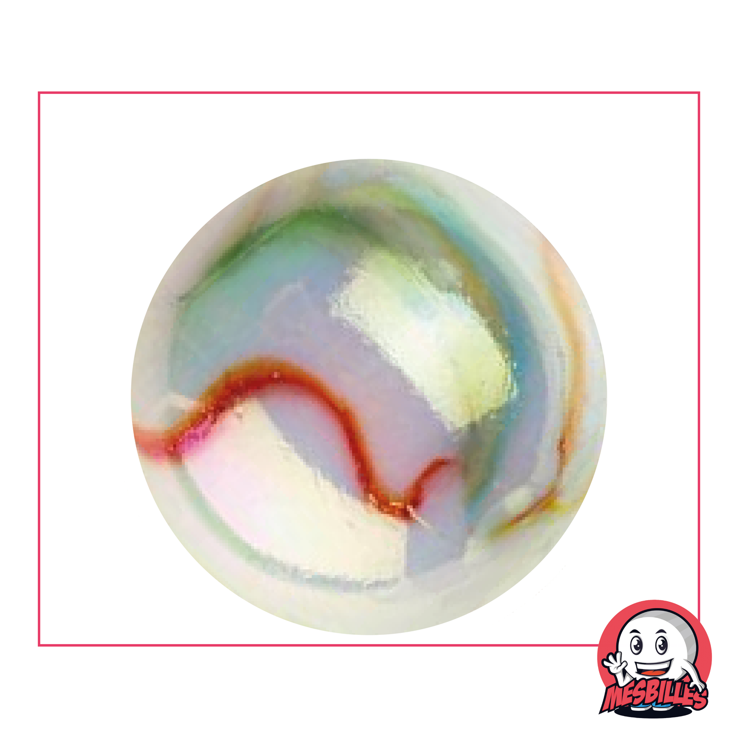 Bille Précieuse 42 mm en verre Multi-Couleur nacrée blanche décorée de spirales, trèd grosse bille