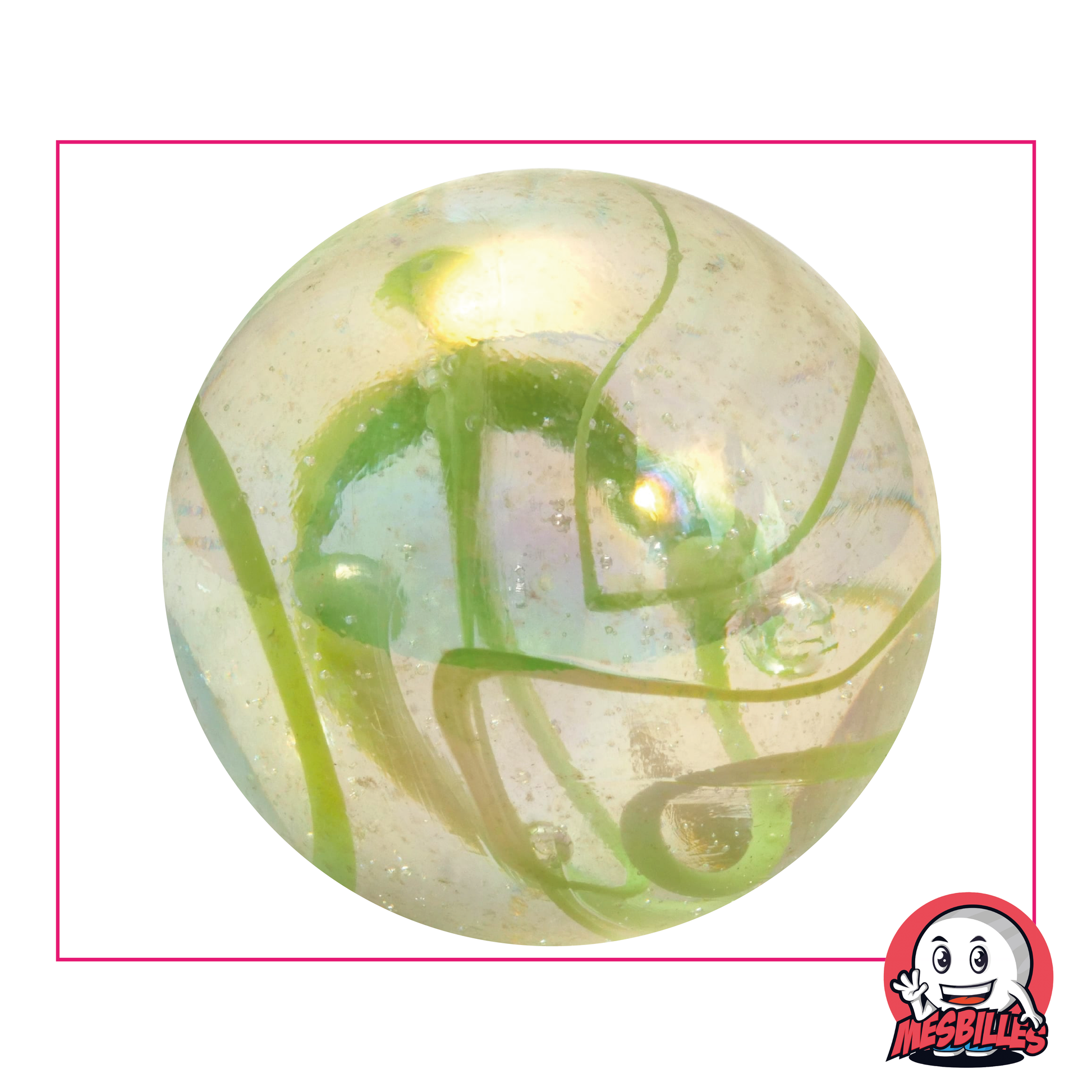 Bille Ruban Vert 50mm en verre traversée de ruban vert décoratif, grosse bille de très grande taille