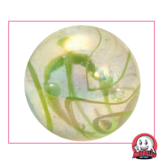 Bille Ruban Vert 50mm en verre traversée de ruban vert décoratif, grosse bille de très grande taille